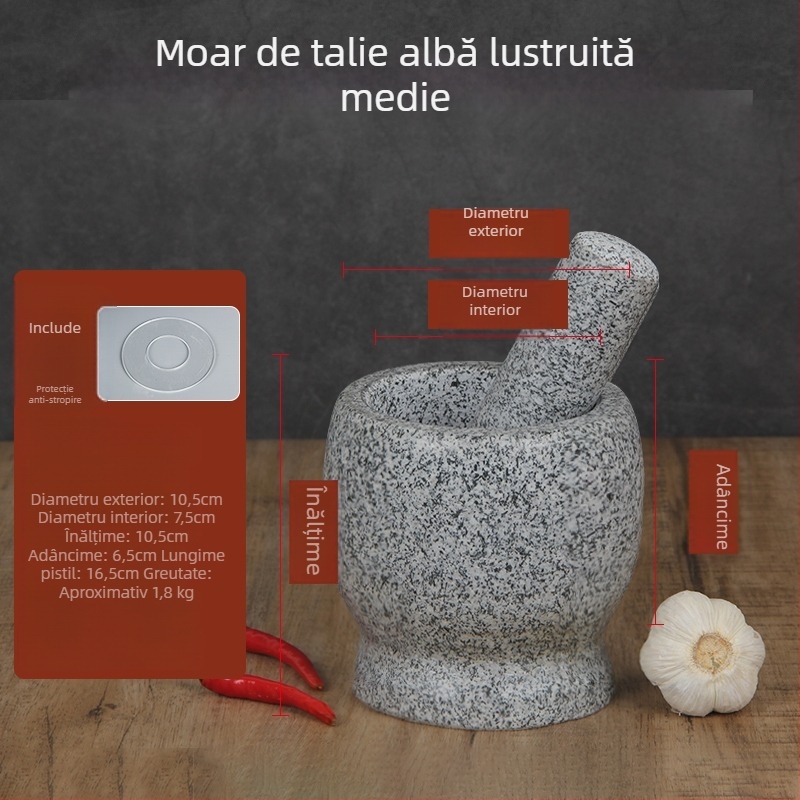Mojar din piatră pentru usturoi, granit alb