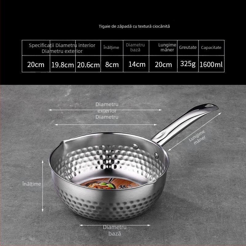 Baosheng oală din oțel inoxidabil, stil japonez, textură ciocănită, oală pentru lapte și supă, compatibilă cu inducția, capacitate 1.1–2 L