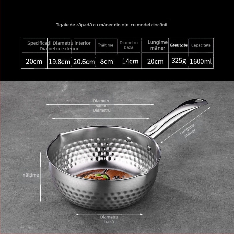 Baosheng oală din oțel inoxidabil, stil japonez, textură ciocănită, oală pentru lapte și supă, compatibilă cu inducția, capacitate 1.1–2 L
