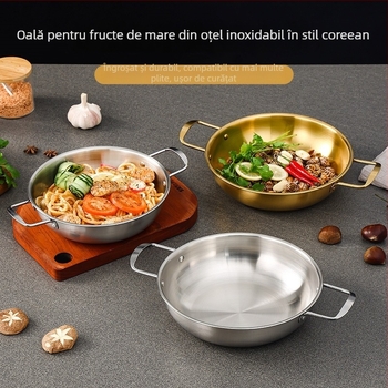Oală din oțel inoxidabil în stil coreean pentru fructe de mare, vas uscat cu mânere duble, auriu, pentru ramen, supă și tăiței, bază plată, mini oală