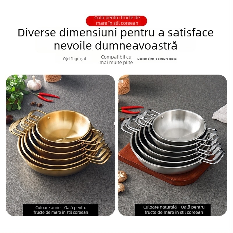Oală din oțel inoxidabil în stil coreean pentru fructe de mare, vas uscat cu mânere duble, auriu, pentru ramen, supă și tăiței, bază plată, mini oală