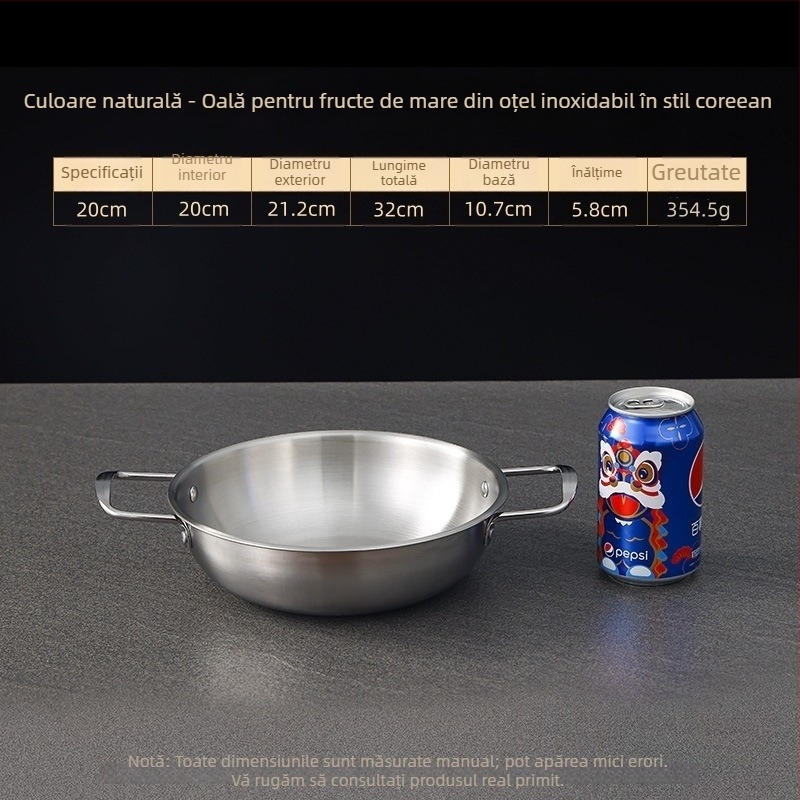Oală din oțel inoxidabil în stil coreean pentru fructe de mare, vas uscat cu mânere duble, auriu, pentru ramen, supă și tăiței, bază plată, mini oală