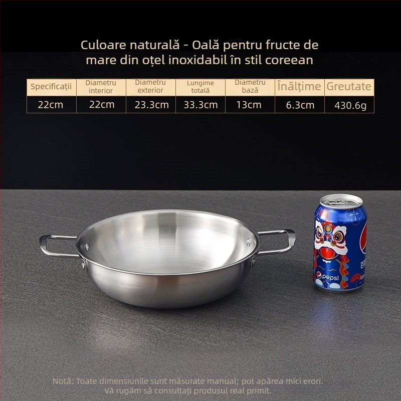 Oală din oțel inoxidabil în stil coreean pentru fructe de mare, vas uscat cu mânere duble, auriu, pentru ramen, supă și tăiței, bază plată, mini oală