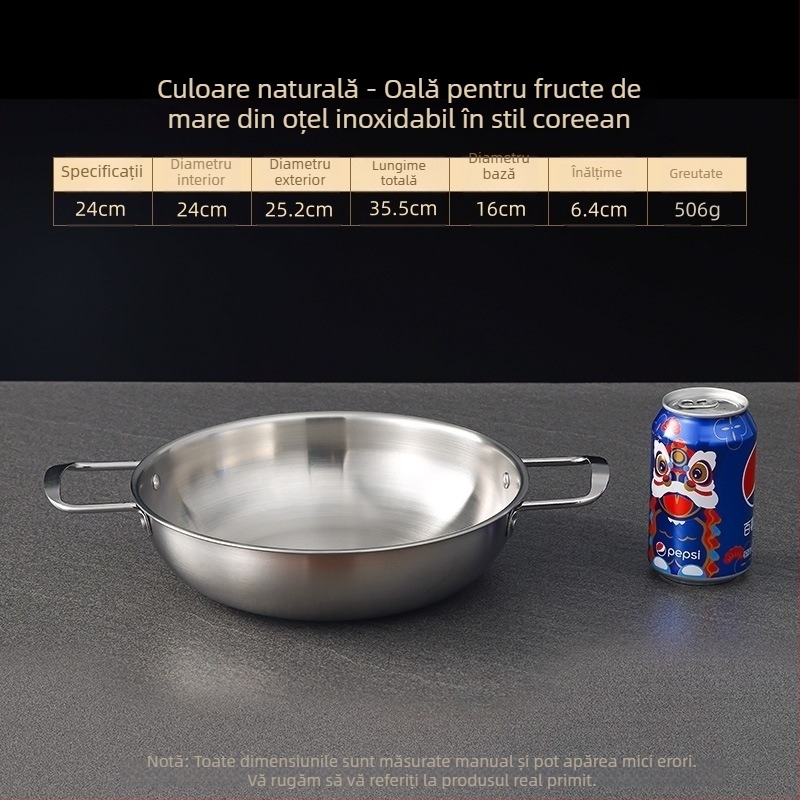 Oală din oțel inoxidabil în stil coreean pentru fructe de mare, vas uscat cu mânere duble, auriu, pentru ramen, supă și tăiței, bază plată, mini oală