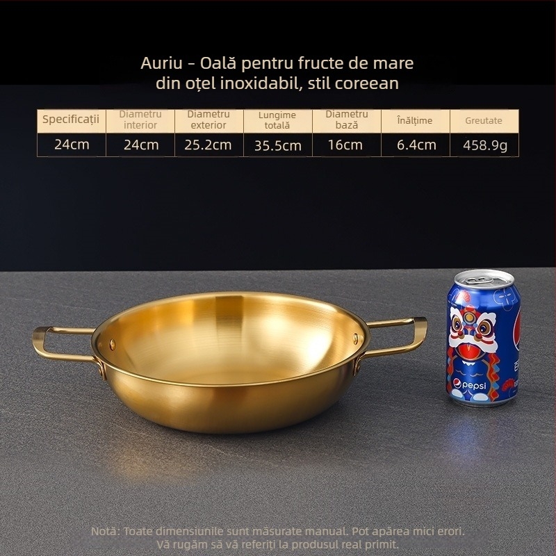 Oală din oțel inoxidabil în stil coreean pentru fructe de mare, vas uscat cu mânere duble, auriu, pentru ramen, supă și tăiței, bază plată, mini oală