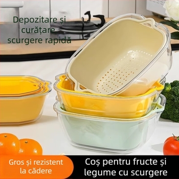 Coș dublu transparent pentru spălat legume și fructe, coș de bucătărie pentru legume, tavă pentru fructe, cu funcție de spălat și filtrare a apei.