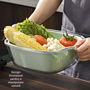 Coș dublu transparent pentru spălat legume și fructe, coș de bucătărie pentru legume, tavă pentru fructe, cu funcție de spălat și filtrare a apei.