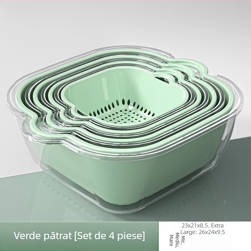 Coș dublu transparent pentru spălat legume și fructe, coș de bucătărie pentru legume, tavă pentru fructe, cu funcție de spălat și filtrare a apei.