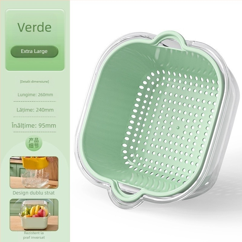 Coș dublu transparent pentru spălat legume și fructe, coș de bucătărie pentru legume, tavă pentru fructe, cu funcție de spălat și filtrare a apei.
