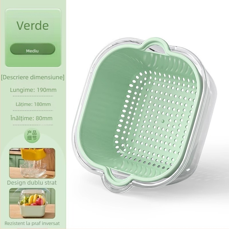 Coș dublu transparent pentru spălat legume și fructe, coș de bucătărie pentru legume, tavă pentru fructe, cu funcție de spălat și filtrare a apei.