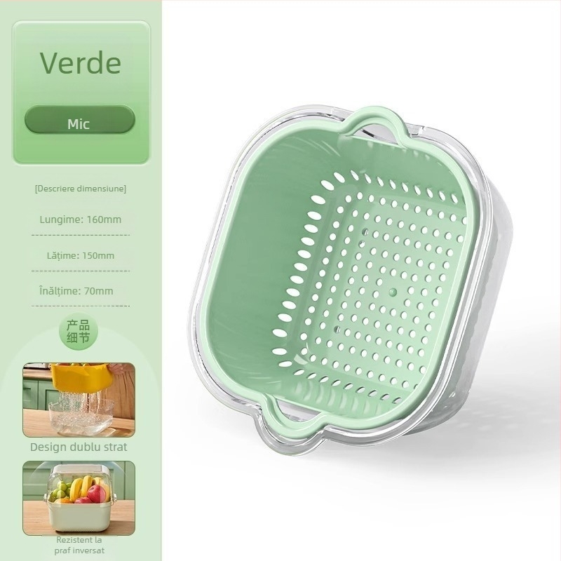 Coș dublu transparent pentru spălat legume și fructe, coș de bucătărie pentru legume, tavă pentru fructe, cu funcție de spălat și filtrare a apei.