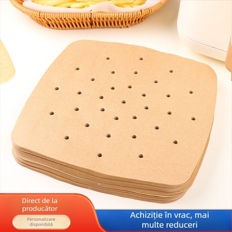 Hârtie pătrată pentru friteuza cu aer, rezistentă la temperaturi înalte, rezistentă la ulei și apă, hârtie pentru abur pentru chifle, suport perforat anti-aderent pentru coacere