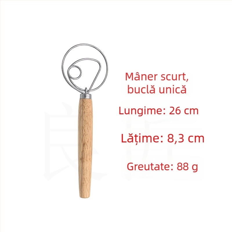 Bețișor de aluat cu mâner din lemn, tel din oțel inoxidabil pentru ouă - manual
