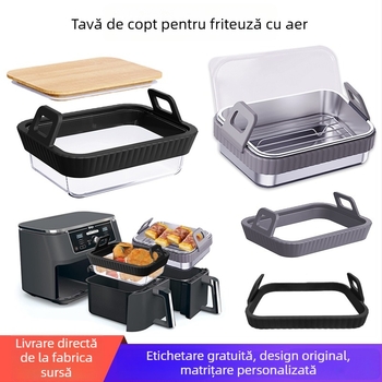 Tavă din oțel inoxidabil cu mâner din silicon pentru air fryer, protecție anti-arsuri — set de accesorii pentru grill
