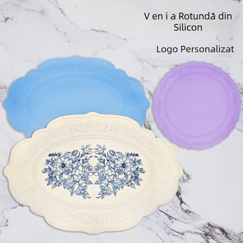 Suport mare din silicon pentru masă, design european retro în relief, antiderapant, cerc circular pentru pahare și vase, izolație termică