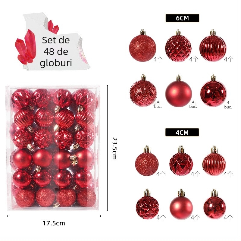 Set globuri de Crăciun, 48 buc., mingi de 4 cm și 6 cm, pentru decorarea bradului, set de fundal