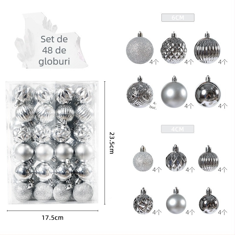 Set globuri de Crăciun, 48 buc., mingi de 4 cm și 6 cm, pentru decorarea bradului, set de fundal
