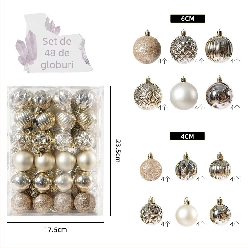 Set globuri de Crăciun, 48 buc., mingi de 4 cm și 6 cm, pentru decorarea bradului, set de fundal