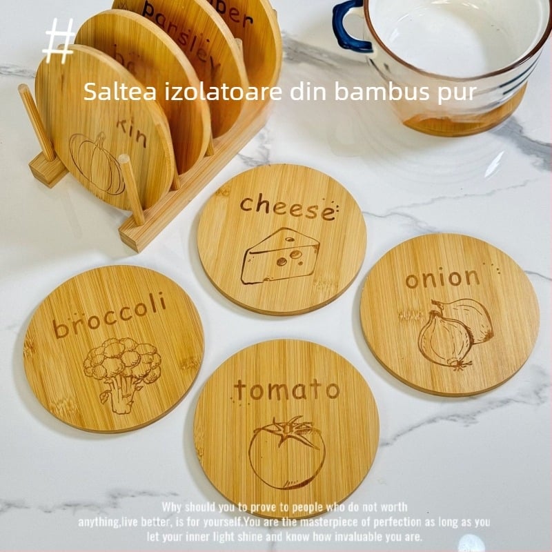 Aproape rotund placă din bambus natural, antiderapant, rezistentă la temperaturi ridicate, pentru bucătăria de acasă; rezistentă la căderi, protecție împotriva arsurilor; izolație termică multifuncțională pentru oale.