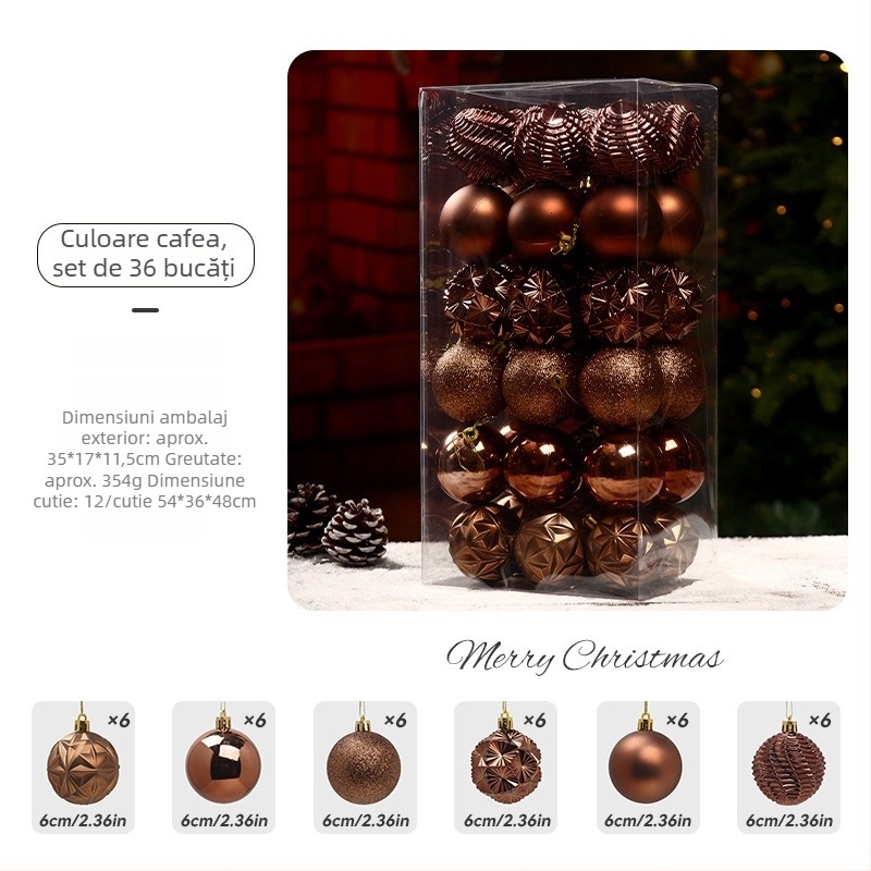 Set de 36 globuri de Crăciun, 6 cm, pentru brad