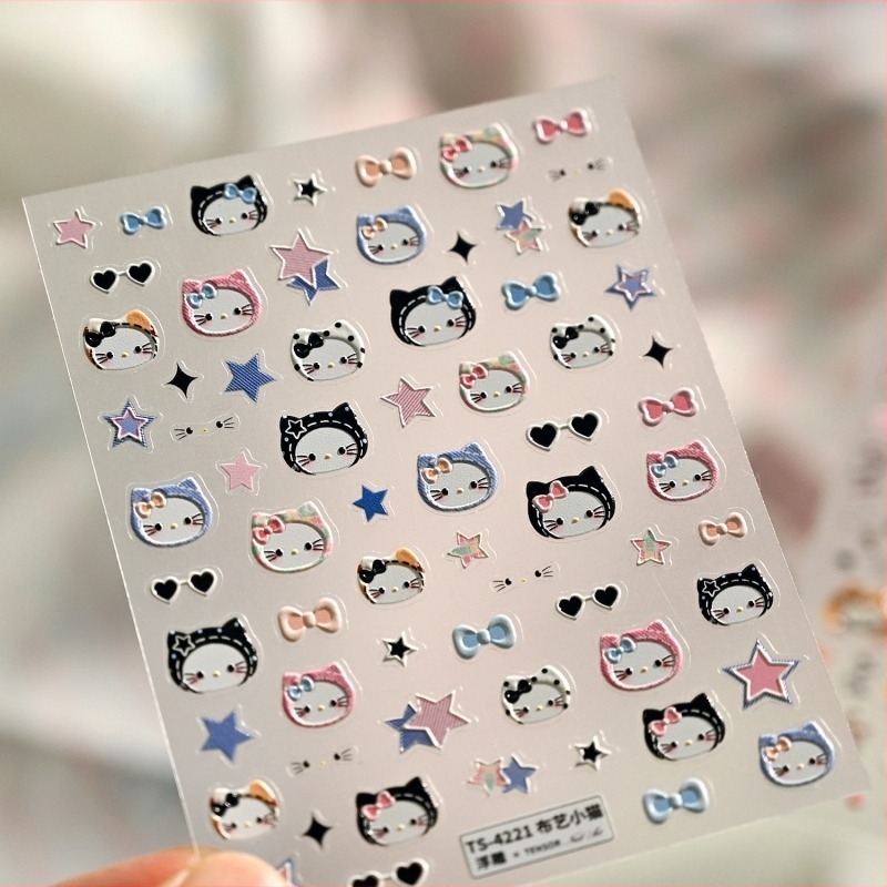 Autocolante pentru unghii în stil desen animat japonez – pisicuță cu pălărie, relief 3D M1283