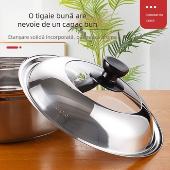 Manulife Capac wok din oțel inoxidabil îngroșat, cu sticlă transparentă, design arcuit, universal 26–40 cm