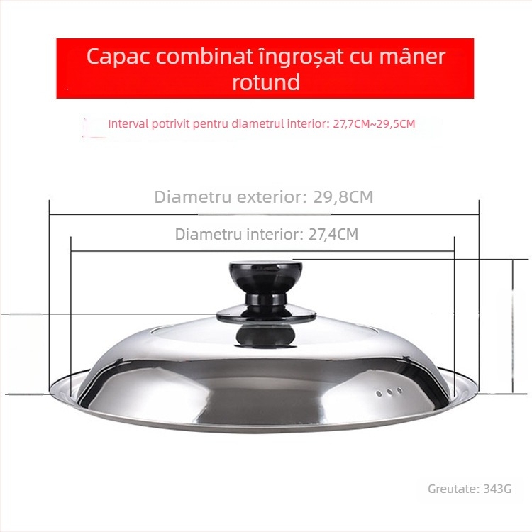 Manulife Capac wok din oțel inoxidabil îngroșat, cu sticlă transparentă, design arcuit, universal 26–40 cm