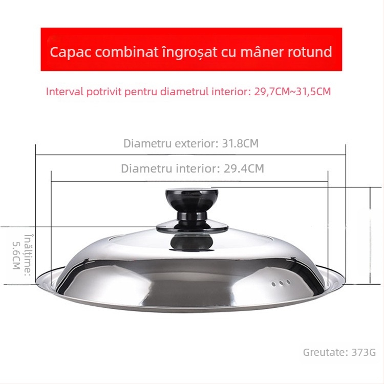 Manulife Capac wok din oțel inoxidabil îngroșat, cu sticlă transparentă, design arcuit, universal 26–40 cm