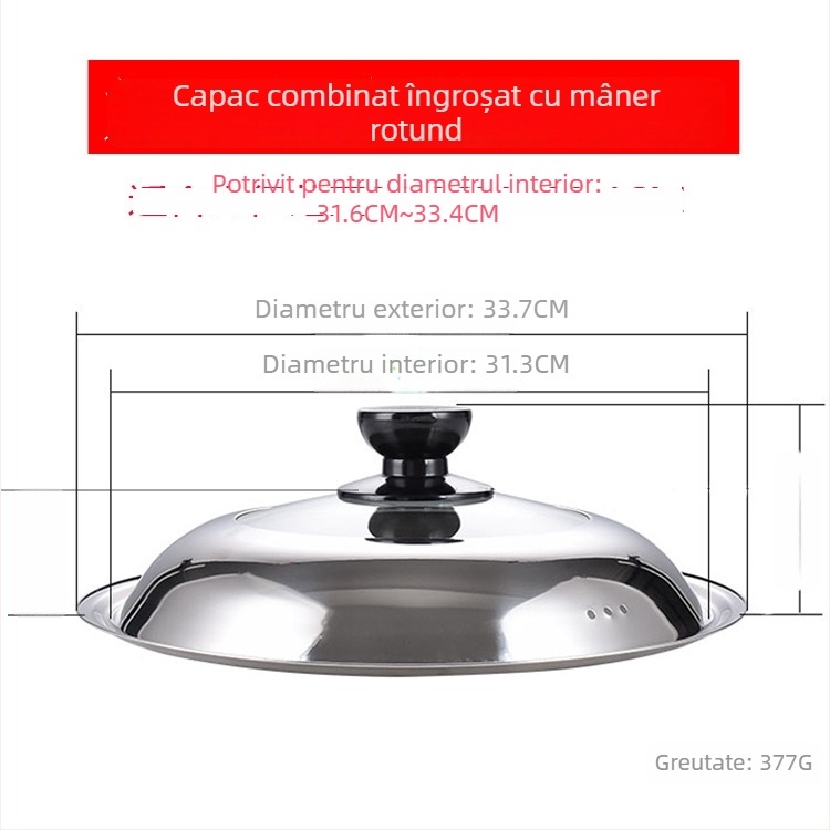 Manulife Capac wok din oțel inoxidabil îngroșat, cu sticlă transparentă, design arcuit, universal 26–40 cm