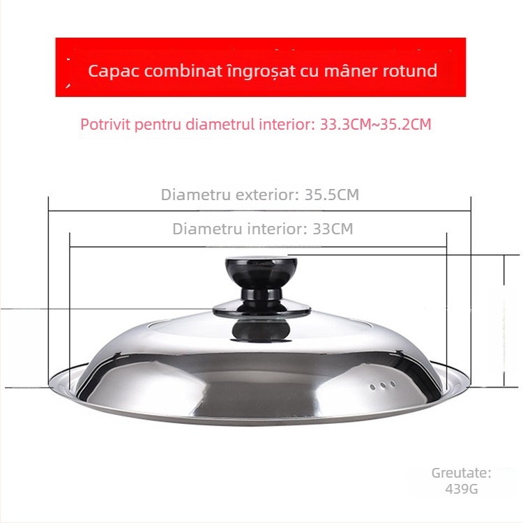 Manulife Capac wok din oțel inoxidabil îngroșat, cu sticlă transparentă, design arcuit, universal 26–40 cm