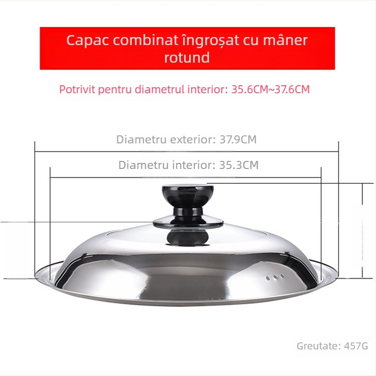 Manulife Capac wok din oțel inoxidabil îngroșat, cu sticlă transparentă, design arcuit, universal 26–40 cm