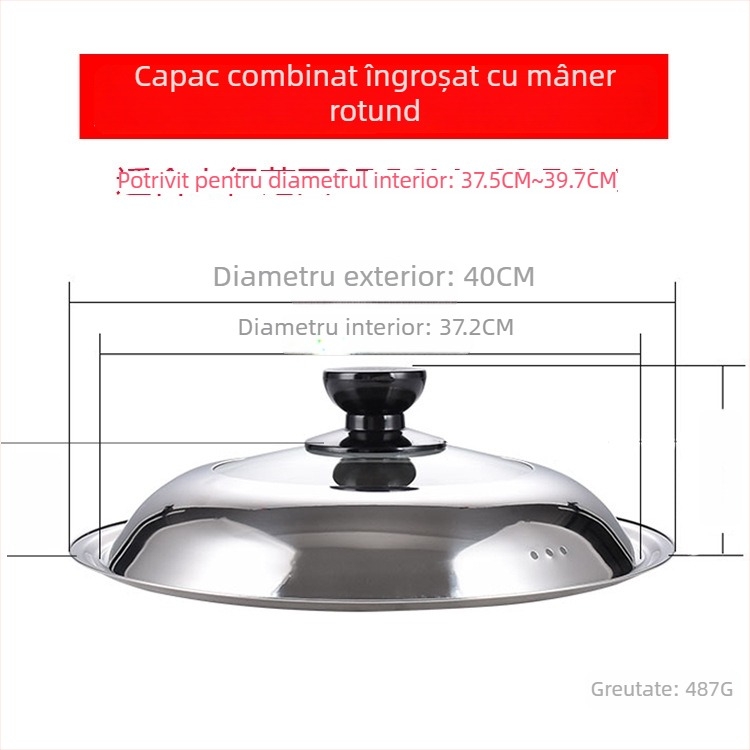 Manulife Capac wok din oțel inoxidabil îngroșat, cu sticlă transparentă, design arcuit, universal 26–40 cm
