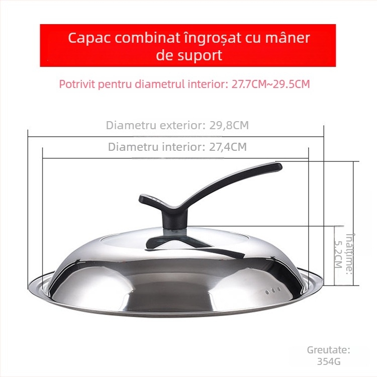 Manulife Capac wok din oțel inoxidabil îngroșat, cu sticlă transparentă, design arcuit, universal 26–40 cm