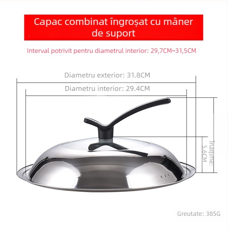 Manulife Capac wok din oțel inoxidabil îngroșat, cu sticlă transparentă, design arcuit, universal 26–40 cm
