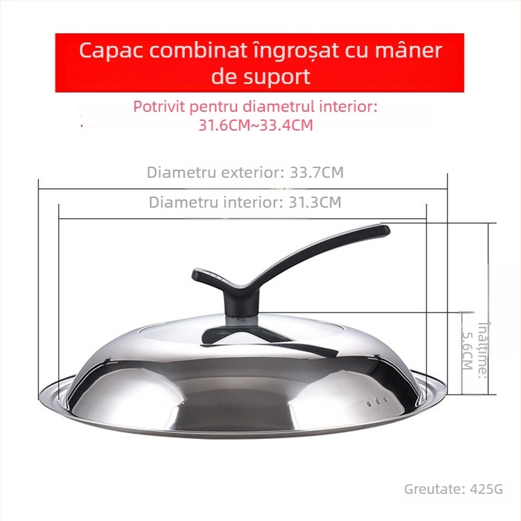 Manulife Capac wok din oțel inoxidabil îngroșat, cu sticlă transparentă, design arcuit, universal 26–40 cm