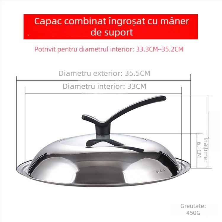 Manulife Capac wok din oțel inoxidabil îngroșat, cu sticlă transparentă, design arcuit, universal 26–40 cm