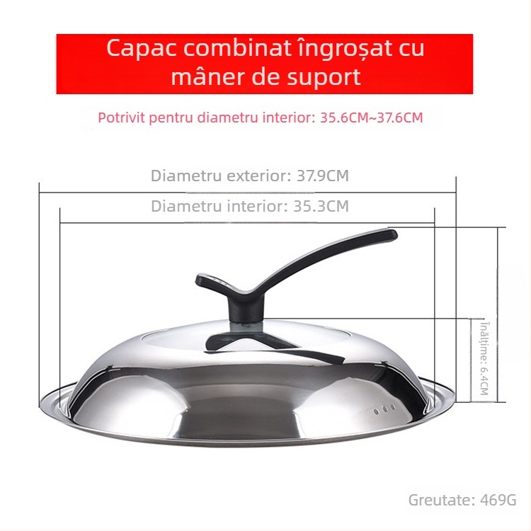 Manulife Capac wok din oțel inoxidabil îngroșat, cu sticlă transparentă, design arcuit, universal 26–40 cm