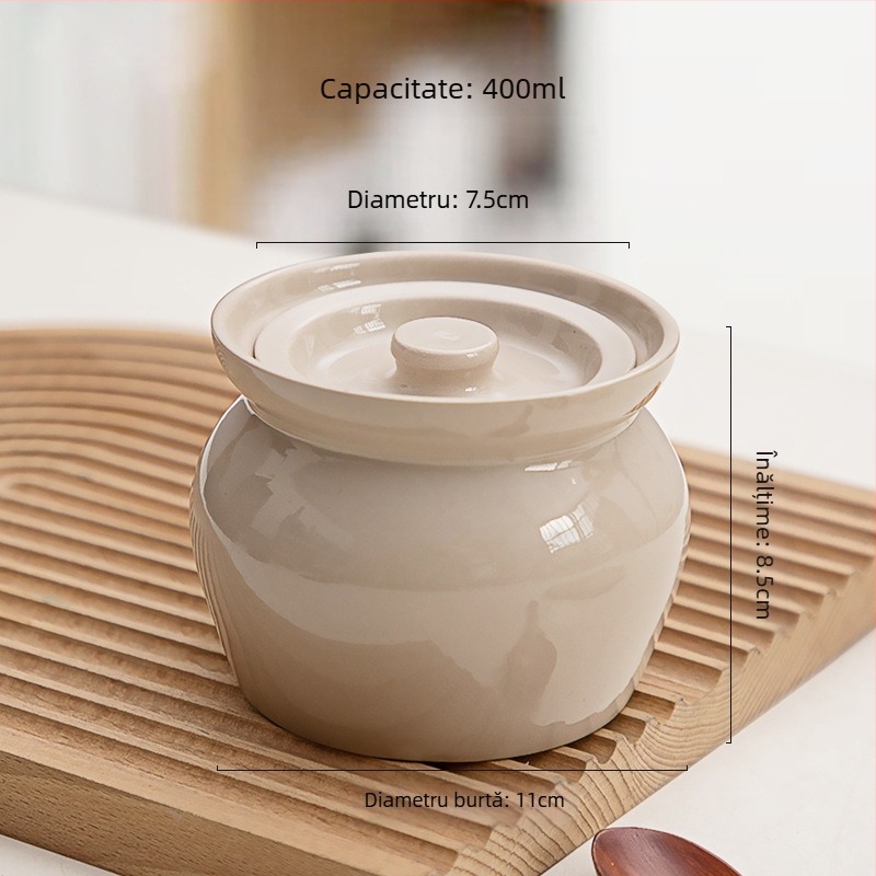 Oală ceramică de porțelan pentru o porție, cu capac, pentru ouă la abur și gătire în bain-marie