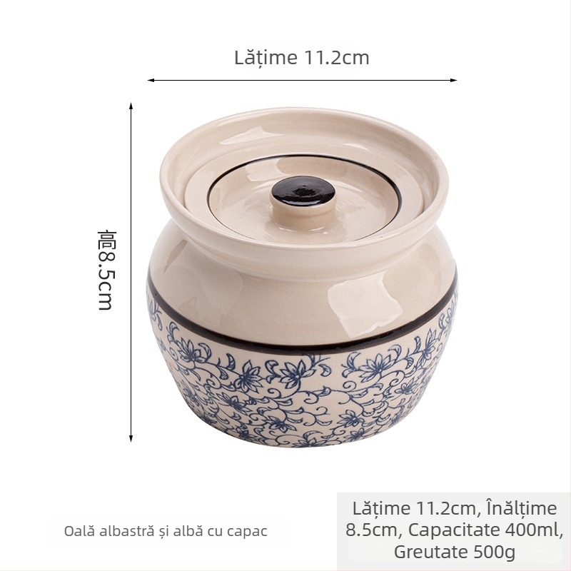 Oală ceramică de porțelan pentru o porție, cu capac, pentru ouă la abur și gătire în bain-marie