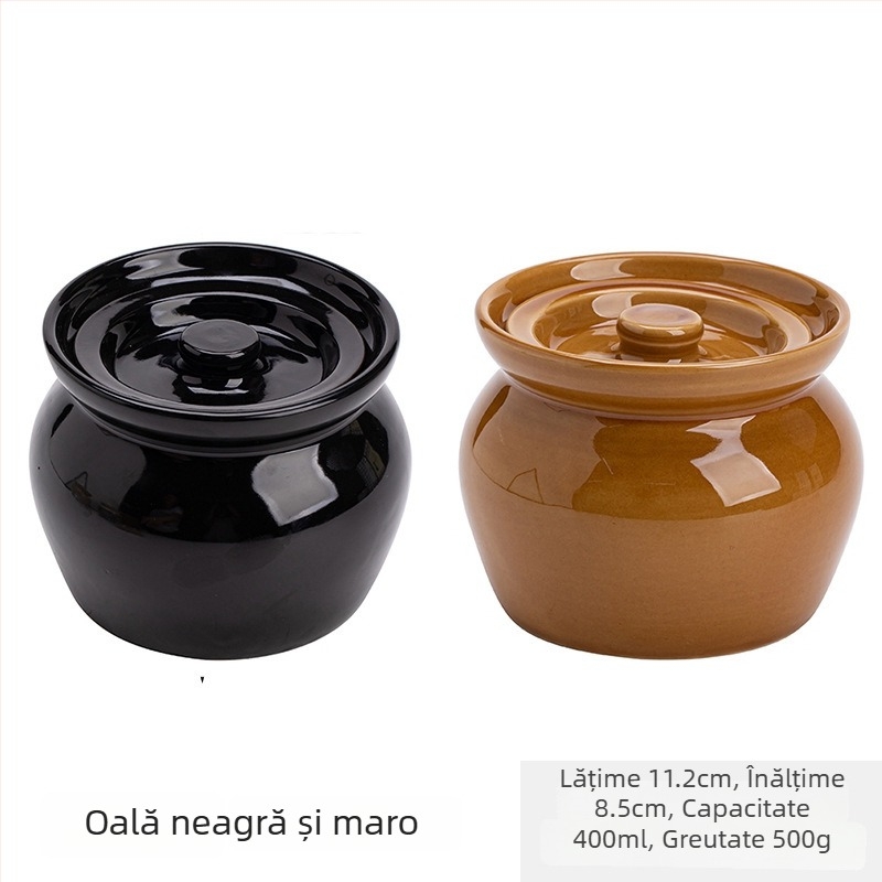 Oală ceramică de porțelan pentru o porție, cu capac, pentru ouă la abur și gătire în bain-marie