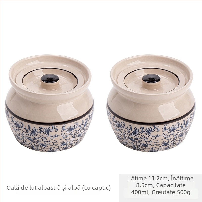Oală ceramică de porțelan pentru o porție, cu capac, pentru ouă la abur și gătire în bain-marie