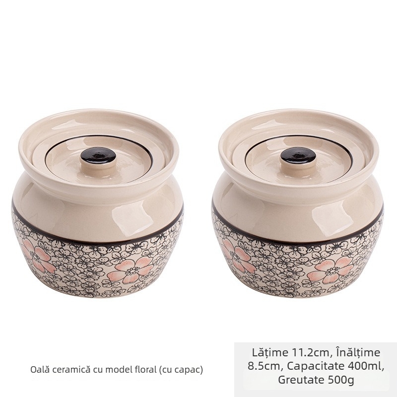 Oală ceramică de porțelan pentru o porție, cu capac, pentru ouă la abur și gătire în bain-marie