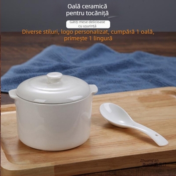 Vas ceramic cu mâner dublu și capac, pentru gătit în baie de apă; oală mică de supă, potrivită pentru cuib de păsări și ouă la abur.