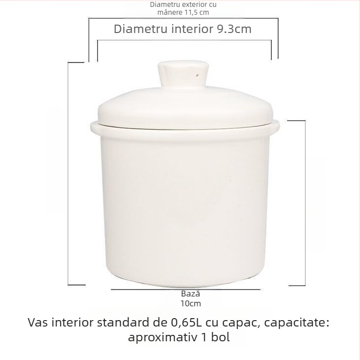 Vas ceramic cu mâner dublu și capac, pentru gătit în baie de apă; oală mică de supă, potrivită pentru cuib de păsări și ouă la abur.