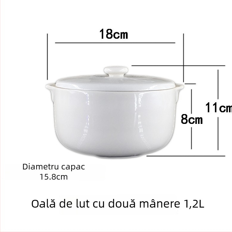 Vas ceramic cu mâner dublu și capac, pentru gătit în baie de apă; oală mică de supă, potrivită pentru cuib de păsări și ouă la abur.