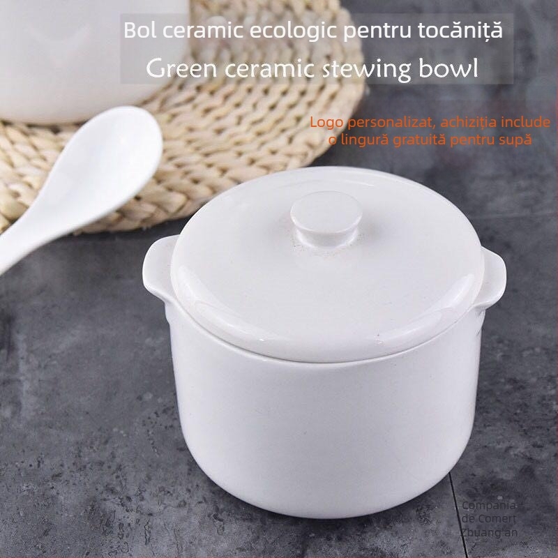 Vas ceramic cu mâner dublu și capac, pentru gătit în baie de apă; oală mică de supă, potrivită pentru cuib de păsări și ouă la abur.