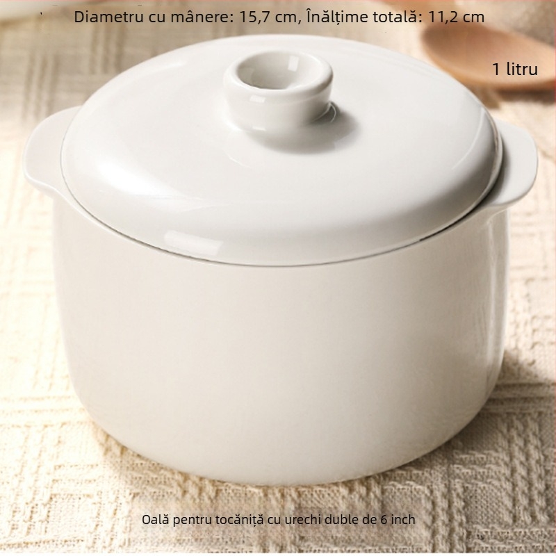 Vas ceramic cu mâner dublu și capac, pentru gătit în baie de apă; oală mică de supă, potrivită pentru cuib de păsări și ouă la abur.