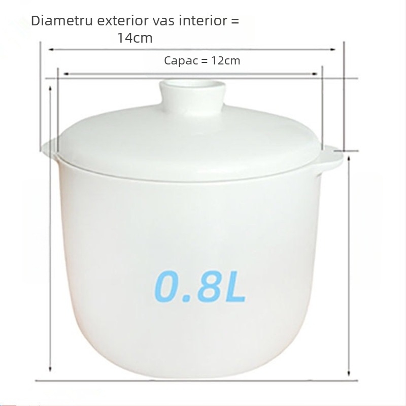 Vas ceramic cu mâner dublu și capac, pentru gătit în baie de apă; oală mică de supă, potrivită pentru cuib de păsări și ouă la abur.