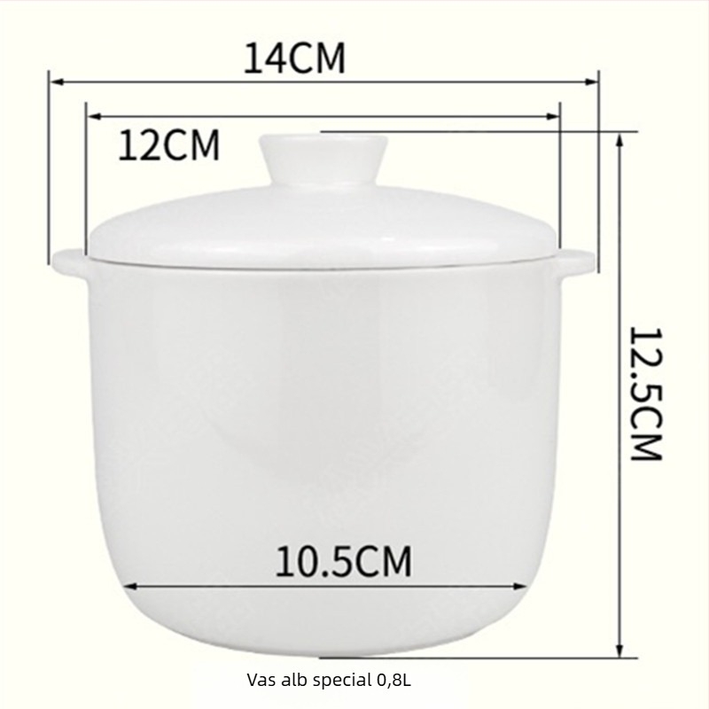 Vas ceramic cu mâner dublu și capac, pentru gătit în baie de apă; oală mică de supă, potrivită pentru cuib de păsări și ouă la abur.