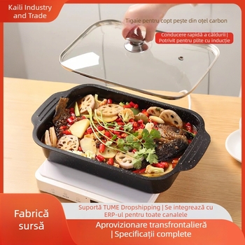 Tigaie-grill pentru pește cu două mâneri, din fontă cu piatră Maifan, pentru camping în aer liber și grătar acasă, compatibilă cu plita cu inducție